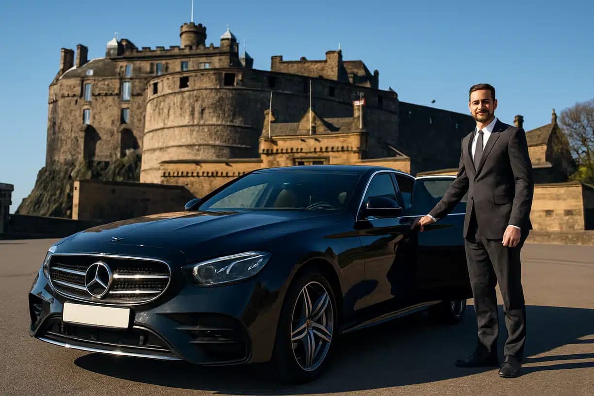 Man in front of Edinburgh castle with car