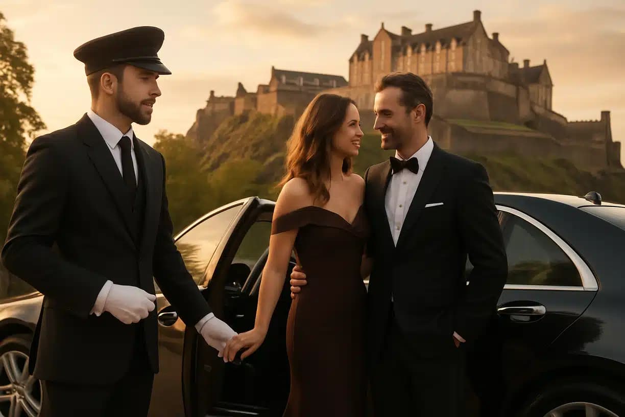 Couple outside castle